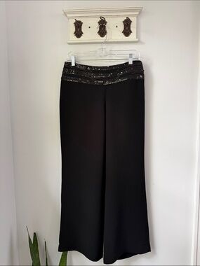 Cache  Vintage Black Wide-Leg Pants with Sequins Beaded Waistband Evening Formal
